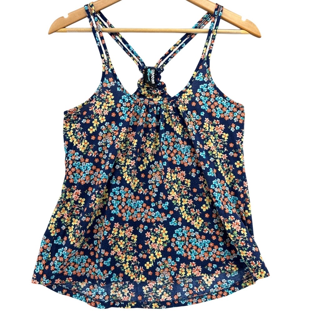 VTG Weavers Floral Tank Top Womens L Y2K Navy Strappy Racerback Knot Back